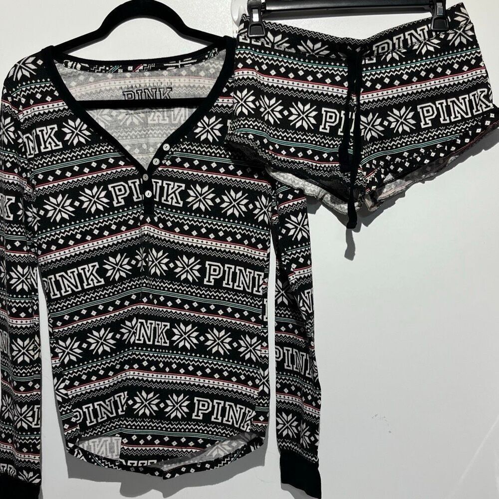 PINK Victoria's Secret Multicolor Thermal Henley Pajama Shorts Set‎ Large XS